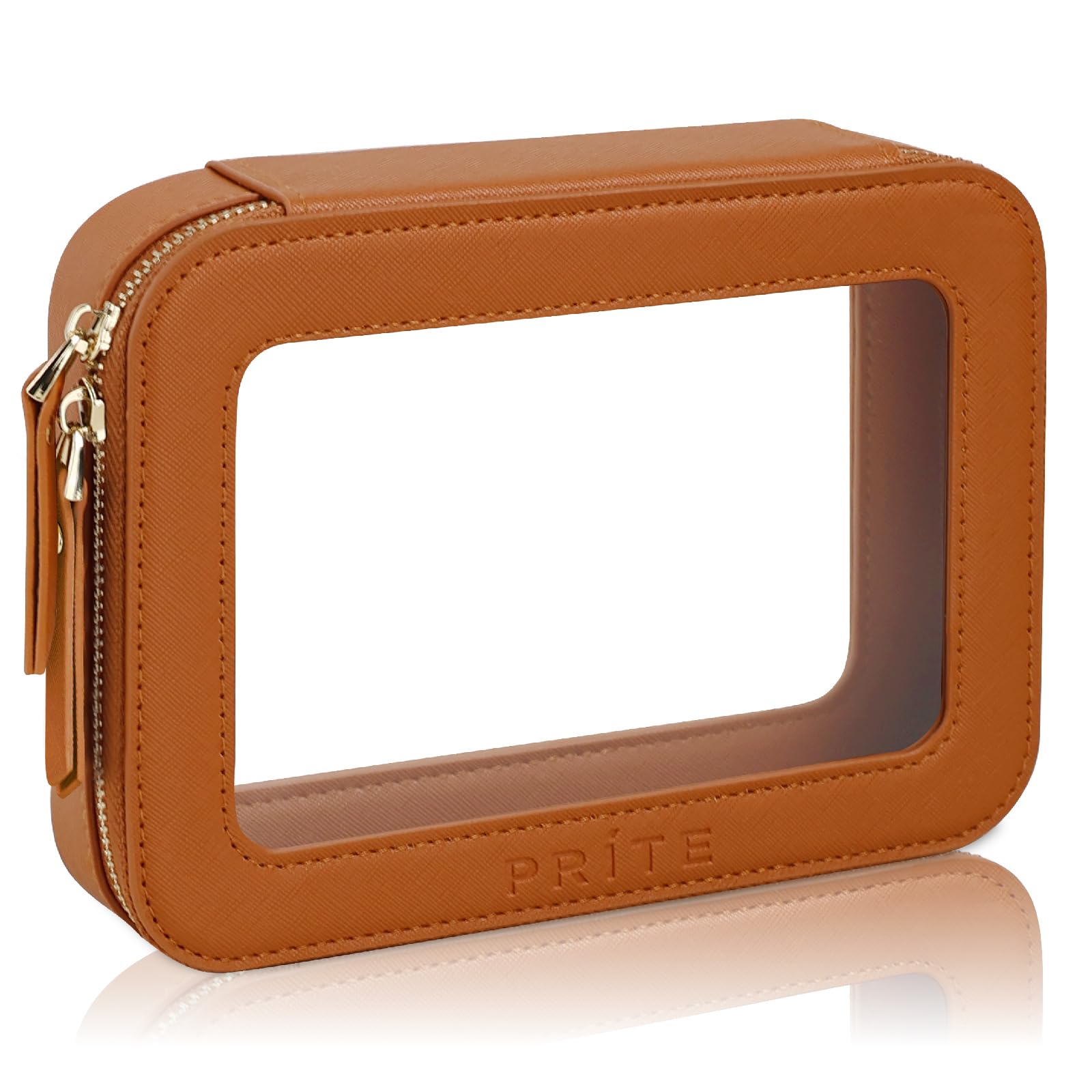 Photo 1 of Prite Clear Makeup Bag Cosmetic Organizer Case Waterproof Travel Toiletry Bag Skincare Pouch with Golden Zipper(Brown)