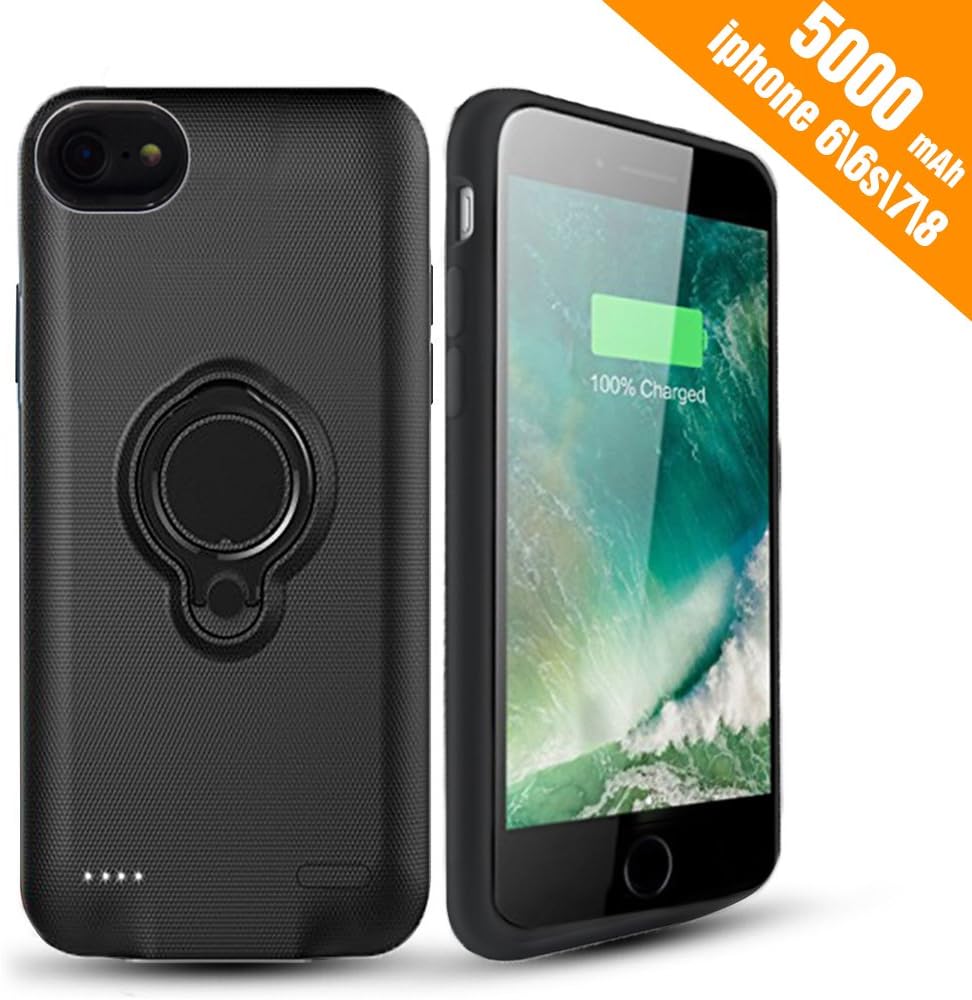 iPhone 7 Battery Case - Hathcack 5000mAh Portable Battery Charging Case for iPhone 8/7/6/6s Extended Battery Juice Pack/Lightning Cable Input Mode Support Magnetic Car Holder (Black)