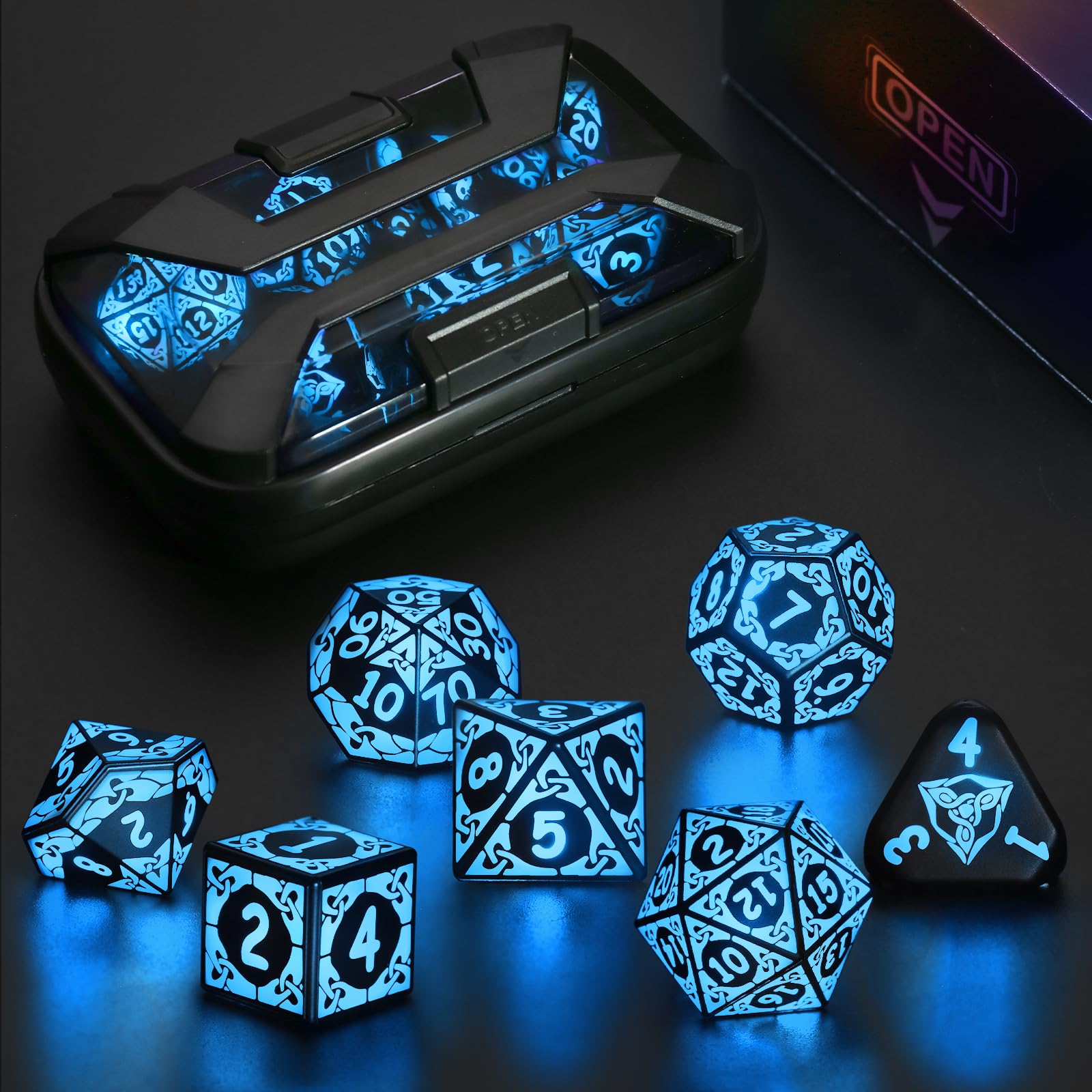 LED Dice Set DND, Cool Light up Dice Set Rechargeable for Dungeons and Dragons, ZHOORQI Polyhedral D and D Dice with Charging Box for Role Playing Game Gifts (Blue-Shackles)