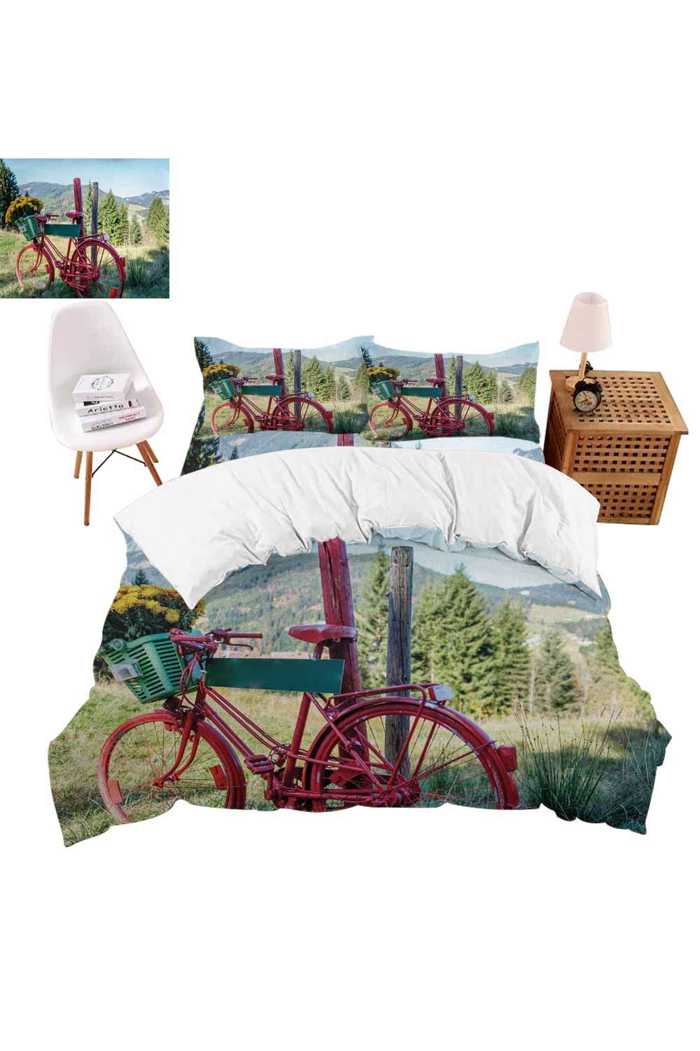 vroselv-home 4 Pieces Bedding Sets, Mountain Landscape and Bike Duvet Cover Set,Include 1 Flat Sheet 1 Duvet Cover and 2 Pillow Cases - Twin Size/NO Comforter