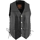 Milwaukee Leather LKM3701 Men's Black Leather Classic V-Neck Motorcycle Rider Vest w/Buffalo Snaps and Side Laces