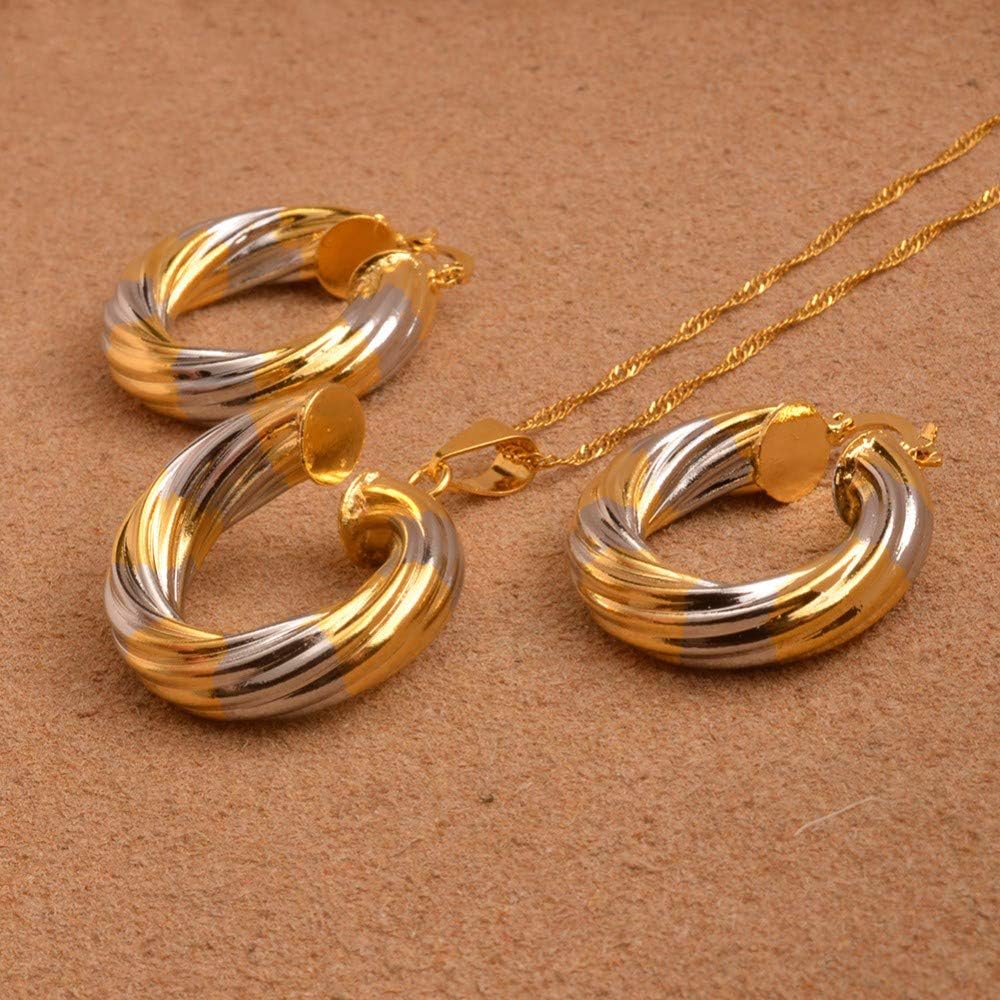 VAWAA Round Charm Pendant Necklace Earrings Set Women,Two Tone Gold/Silver Color Jewelry Africa/Arab/Middle East Gifts 45cm Thin Chain