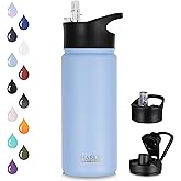 HASLE OUTFITTERS Insulated Water Bottle 16 oz Double Wall Vacuum Stainless Steel Water Bottle Leak Proof for School Wide Mouth with Straw Lid & Spout Lid Keeps Cold and Hot(Light Blue,1pack)