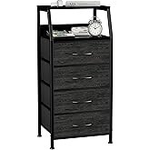 Dresser with 4 Drawers, Fabric Storage Tower for Bedroom, Black Clothes Storage Drawers, Vertical Closet Organizer for Kids Room, Entryway, Nightstand Bedside Table, Sturdy Steel Frame & Wooden Top