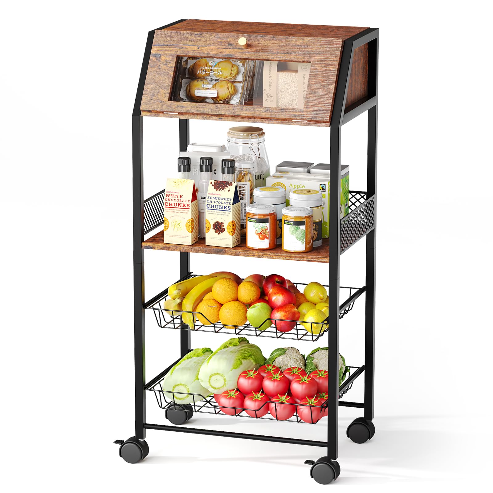 Photo 1 of Homsorout Rolling Kitchen Cart with Bread Box and 2 Pull-Out Wire Baskets - 4-Tier Storage Cart on Wheels with Lockable Casters, Wood Top and Metal Frame for Kitchen, Bathroom, and Pantry (Brown)