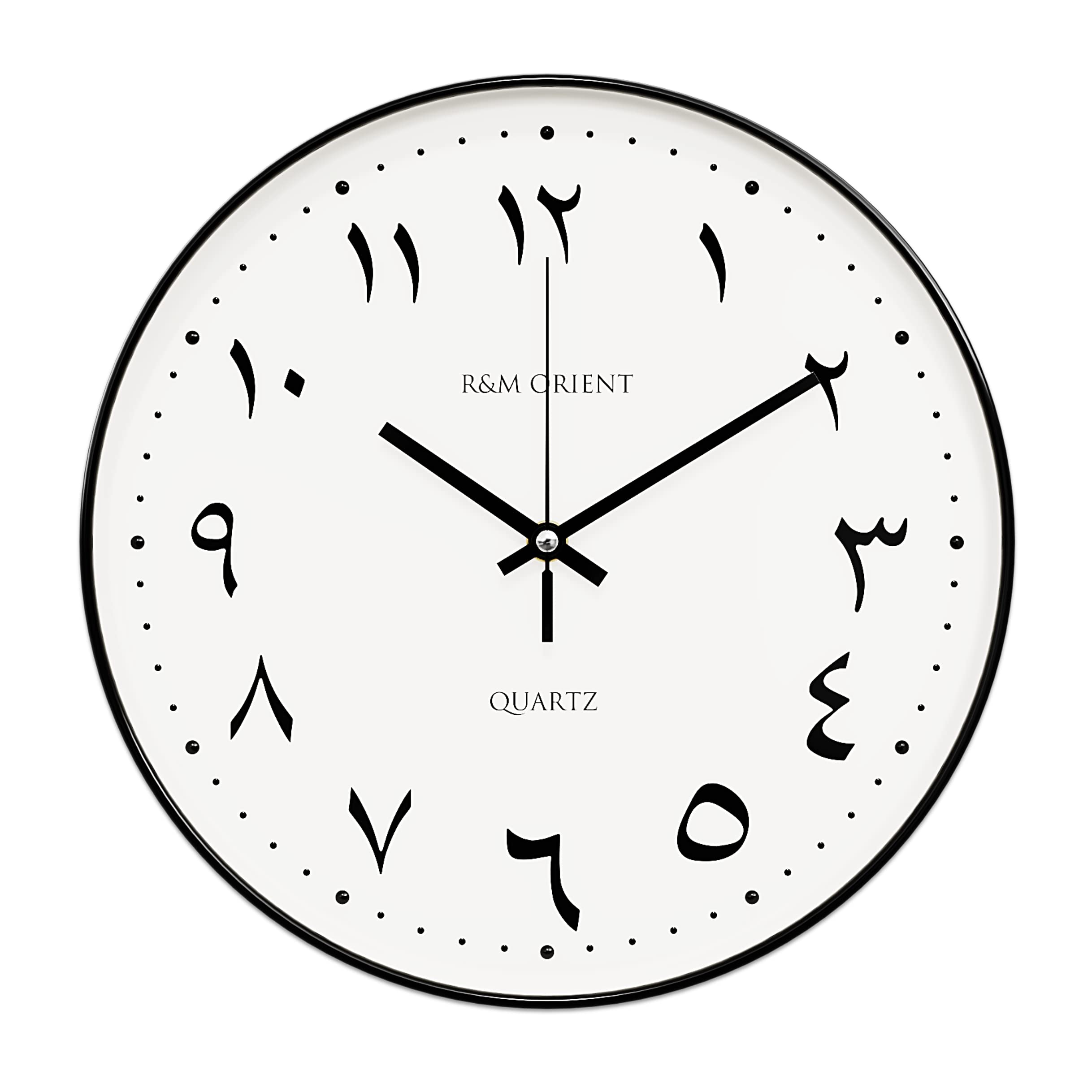 R&M ORIENT 30 cm Arabic Wall Clock Round with Sweeping Hands without Ticking Noise, Silent Quartz Movement, Easy to Read, Large Wall Clock for Living Room, Office, Kitchen, Restaurant (Black/White)