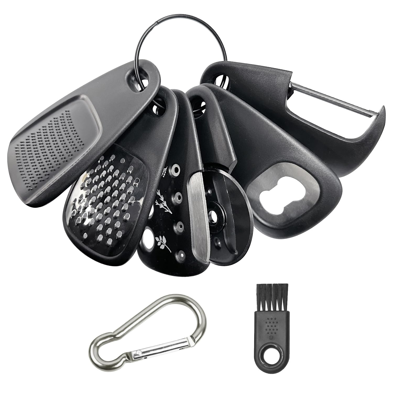 6 Portable Kitchen Tools, 1 Carabiner, Fruit and Vegetable Peeler, Cheese Slicer, Bottle Opener, Garlic Sicer, Ginger Grinder, Gerb Stripper, Pizza Cutter, Kitchen Tools, Cooking and Baking.