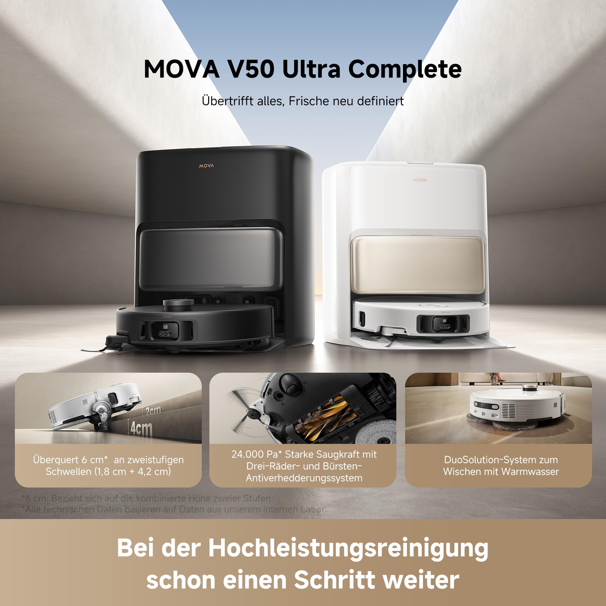 Mova V50 Ultra Complete Saugroboter mit Wischfunktion 24.000 Pa, 6cm Hindernisüberwindung, Liftable Navigation+RGB AI+LED, DuoSolution System, 80℃ Heißwasserwäsche & 63℃ Selbsttrocknung, Tricut Bürste 2