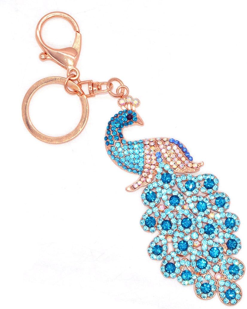 Peacock Metal Bling Crystals Rhinestone Keychain Alloy Keyring Keyfob Charm for Handbags Sky Blue, 11.5cm(length)