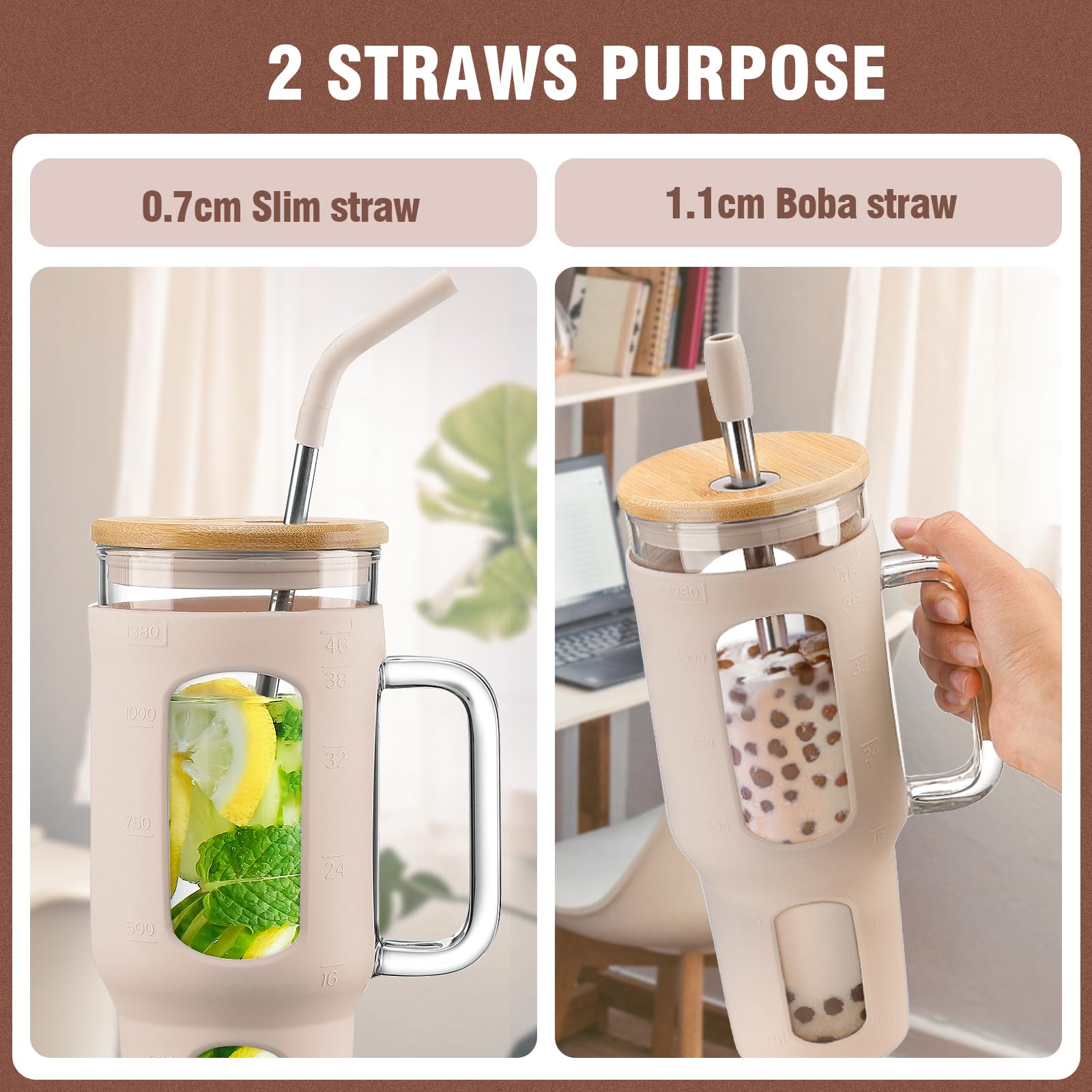 BLUEGO Tumbler becher mit Deckel und Strohhalmen, 1400ml Kaffeebecher To Go mit Henkel, Trinkbecher mit Silikonhülle, 1,4 L Tumbler becher mit 2 Strohhalmen, BPA-frei, Amber 3