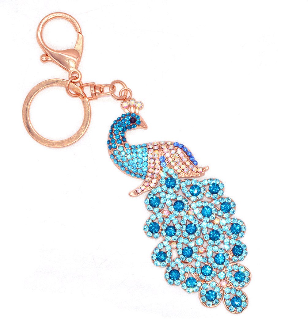 Peacock Metal Bling Crystals Rhinestone Keychain Alloy Keyring Keyfob Charm for Handbags Sky Blue