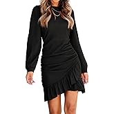 Umimore Women's Spring Fall Bodycon Mini Dresses 2025 Solid Casual Long Sleeve Crew Neck Layered Ruffled Cocktail Party Dress