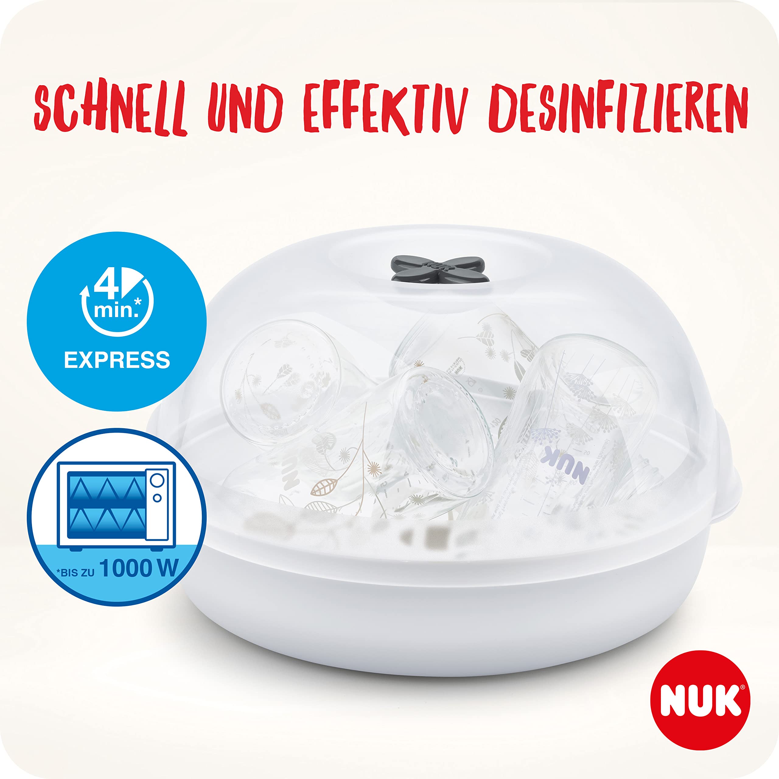 NUK Micro Express Plus Mikrowellen-Sterilisator für Flaschen | sterilisiert bis zu 4 Babyflaschen plus Zubehör in 4 Minuten | passt in die meisten Mikrowellen | inklusive Flaschenzange 2