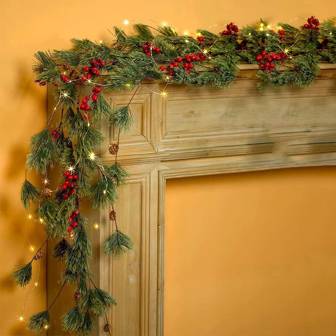 Wreaths, Garlands & Swags - 9FT Christmas Garland with Lights Smokey Pine Garland with Red Berry for Christmas Decorations, Indoor Outdoor Home Party Xmas Decor