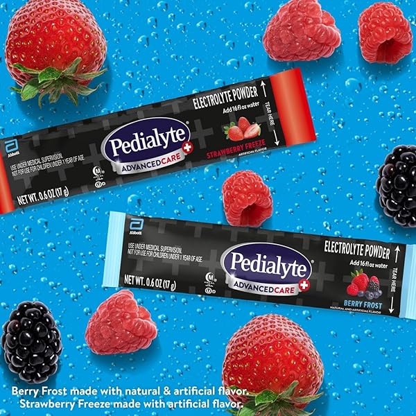 PEDIALYTE ADVANCEDCARE PLUS ELECTROLYTE POWDER, HAS 33% MORE ELECTROLYTES AND PREACTIV PREBIOTICS, VARIETY PACK: BERRY FROST AND STRAWBERRY FREEZE, 12 POWDER PACKETS