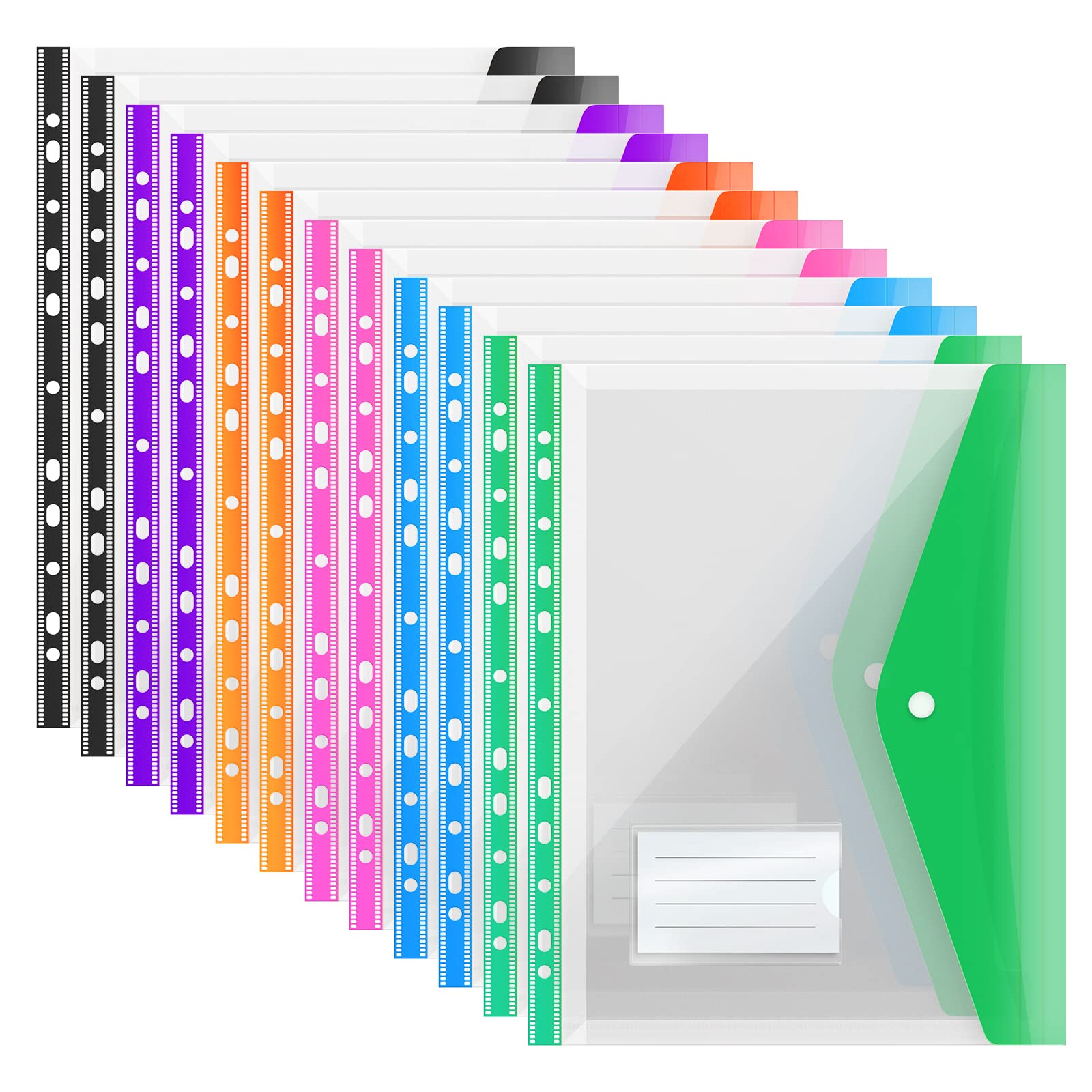 ABC life Pack of 12 A4 Plastic Expanding Punched File Folders Pockets with Press Stud Closure and Label Pouch, 6 Colours — image 1