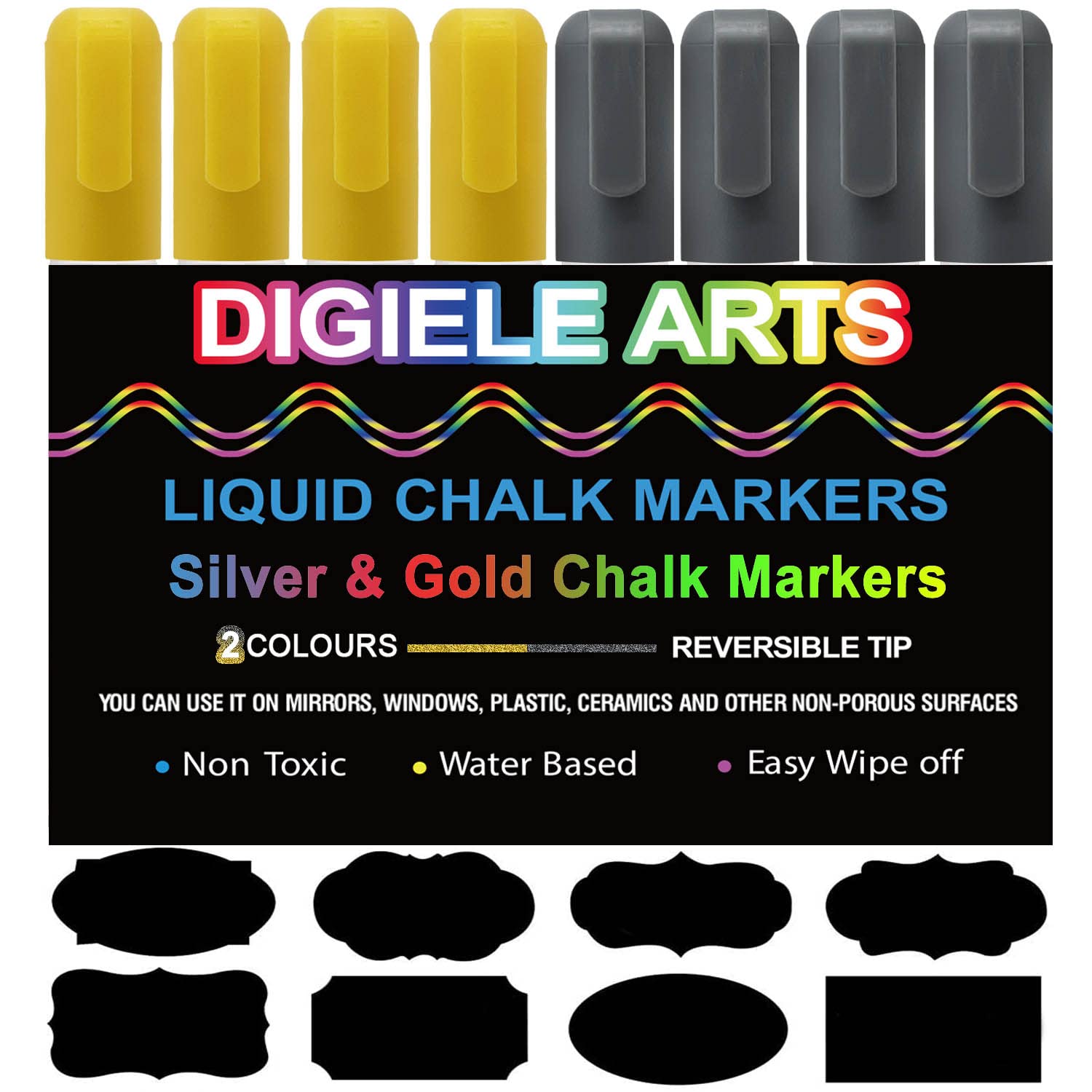 Liquid Chalk Marker Pens Gold + Silver, DIGIELE 4pcs Gold Chalk Pens + 4pcs Silver Markers, 6mm Dry or Wet Wipe Erase, Thin & Medium Reversible Bullet or Chisel Tip, 8 Pens+16 Chalkboard Labels Packed