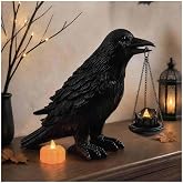 Gothic Crow Lamp Home Decor, Halloween Decorations Crow Candle Holder, Realistic Resin Black Bird Statue for Bookshelf, Fireplace and Living Room, Unusual Gift for Raven Collectors