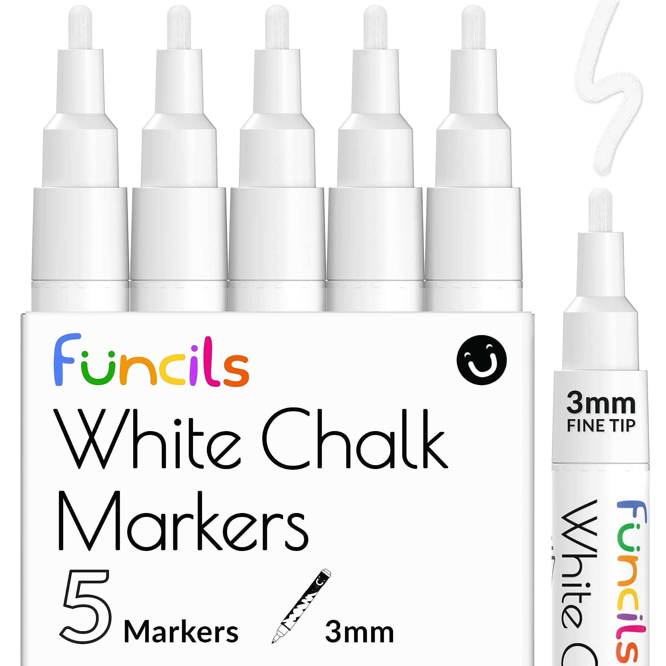 Funcils White Chalk Pens Fine Tip (5 Pack 3mm) - Chalkboard, Liquid Pens Wipeable - for Blackboards, Chalk Board, Glass, Window