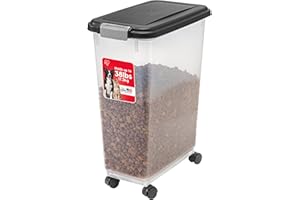 IRIS USA Airtight Dog Food Storage Container, Up to 38 lbs, Attachable Wheels, For Dog Cat Bird and Other Pet Food Storage Bin, Keep Fresh, Translucent Body, Easy Mobility, Black