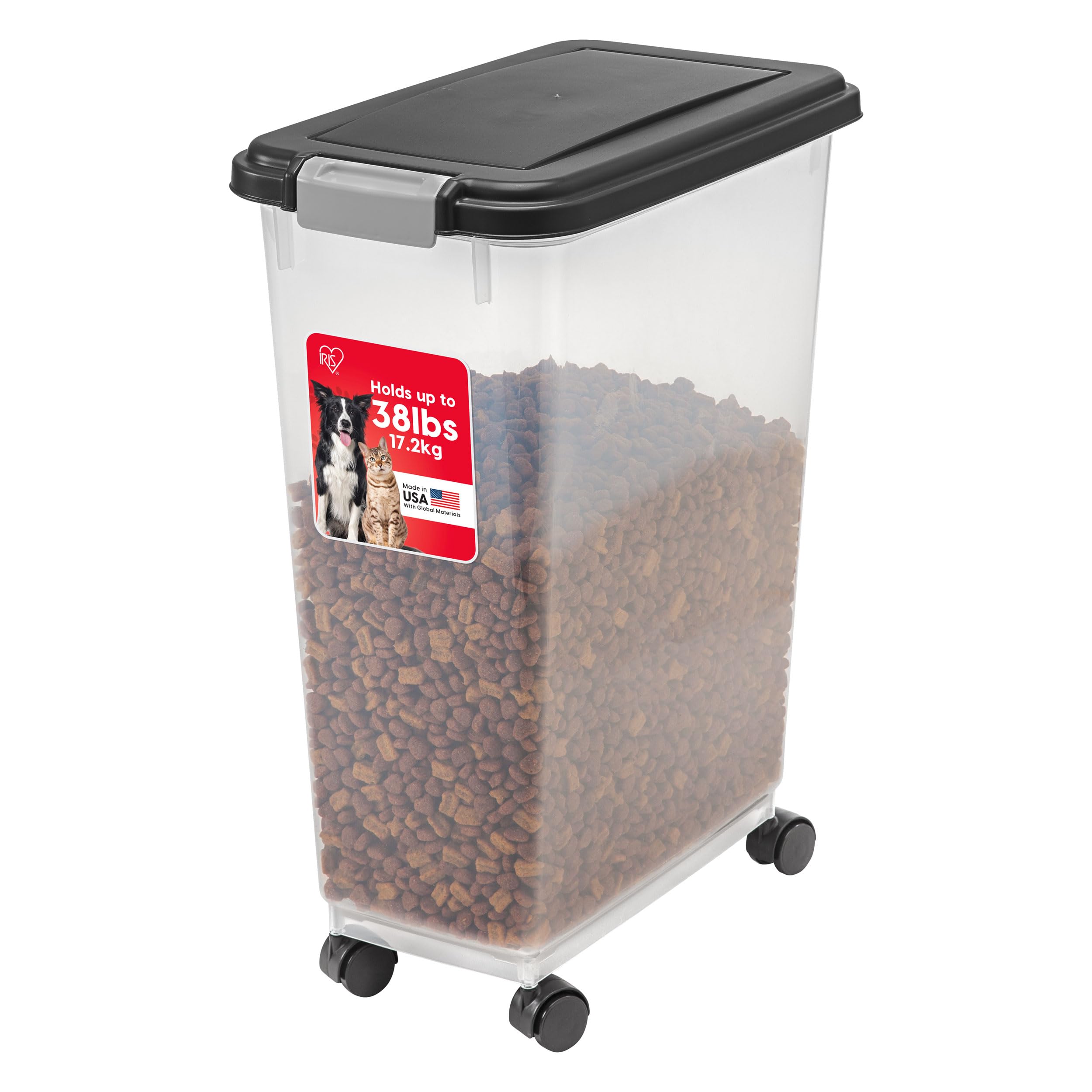 Photo 1 of IRIS USA Airtight Dog Food Storage Container, Up to 38 lbs, Attachable Wheels, For Dog Cat Bird and Other Pet Food Storage Bin, Keep Fresh, Translucent Body, Easy Mobility, Black