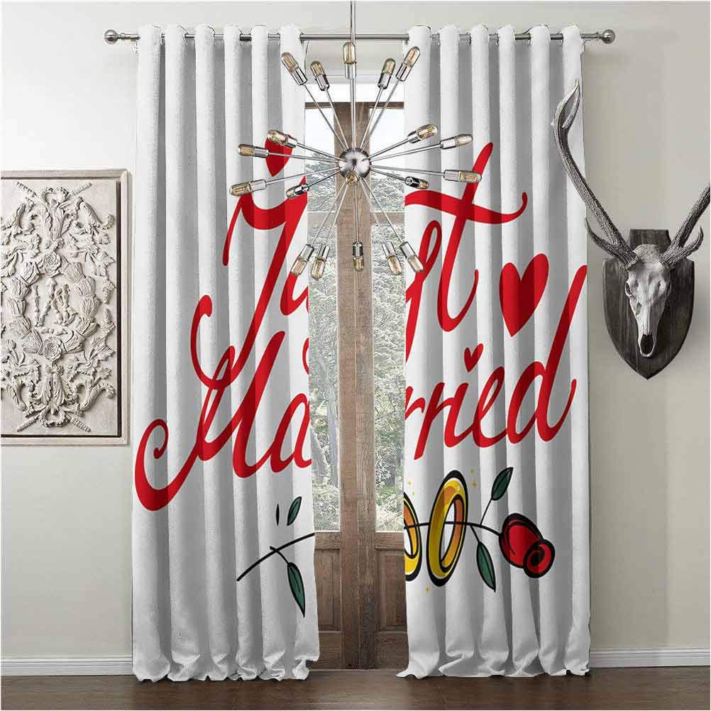 hengshu Shading Insulated Curtains, Wedding, Noise-Proof Curtain, Just Married Hand Writing in Red and Rose with Wedding Rings Celebration, W72 x L84 Inch, Red Fern Green White, Grommets Decorations,