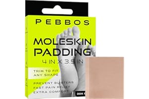 Pebbos Moleskin Padding - 30 Strips - 4in x 3.5" - Blister Prevention for Foot, Toe & Heel | Water Resistant & Hypoallergenic | Thin Mole Skin Padding Sheets for Running, Hiking, Walking