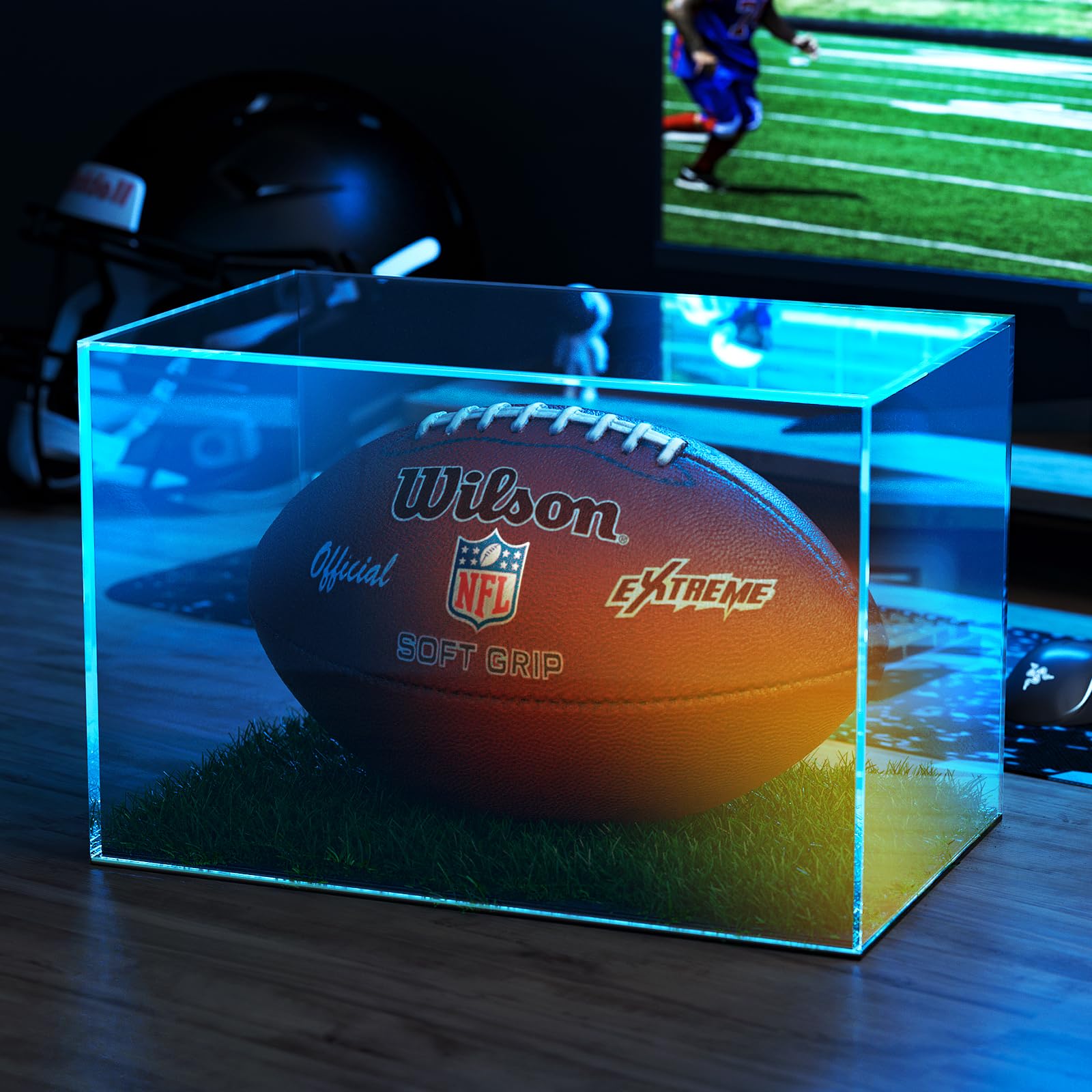 Photo 1 of LVETOLS Autographed Football Display Case Full Size, No Assembly Required Clear Acrylic Show Case with Artificial Turf for Football Display