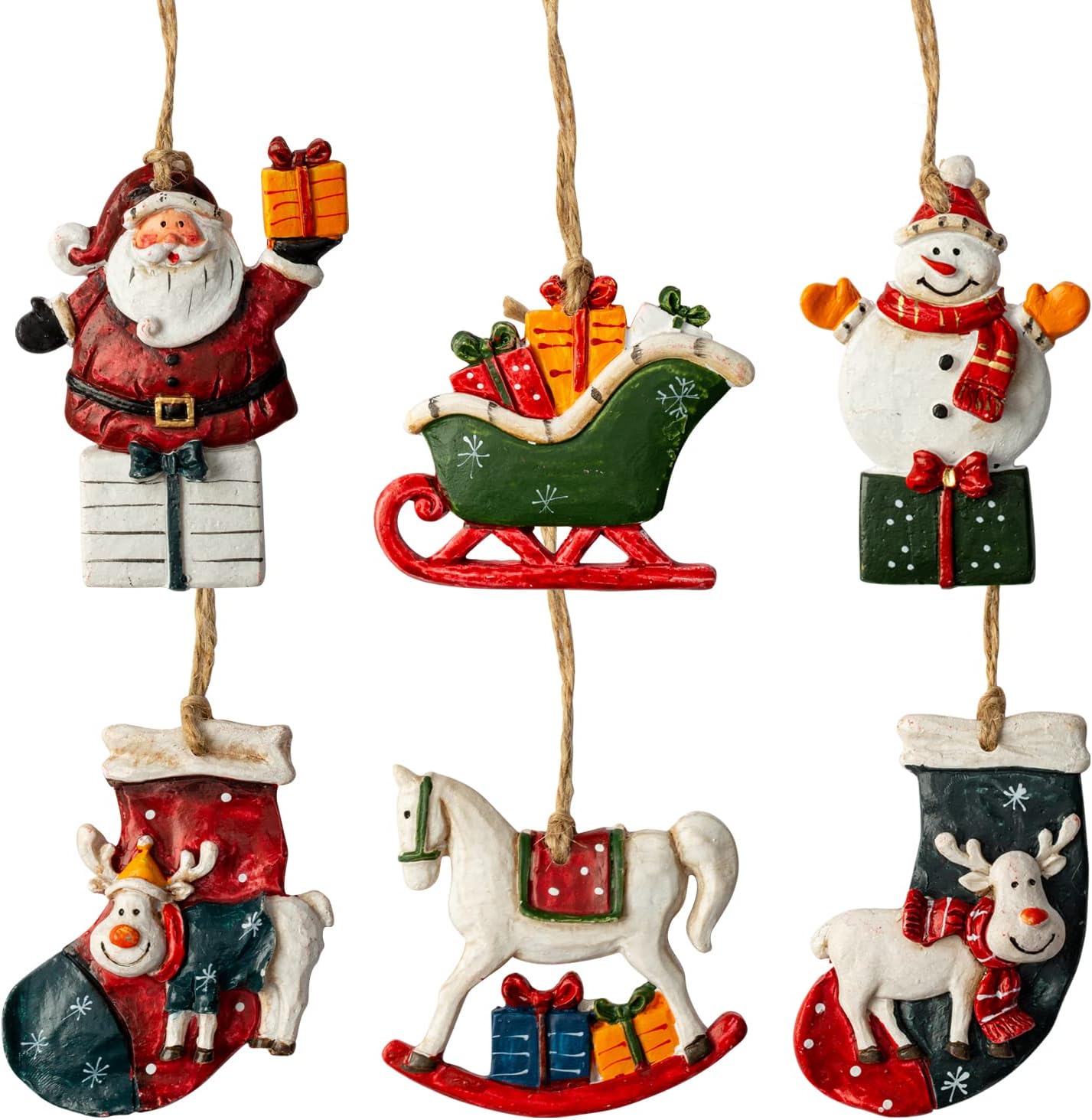 Ornaments - Crafjie Resin Christmas Tree Ornaments 6-Pack Xmas Hanging Ornaments Santa Snowman Christmas Stocking Sleigh Ornaments for Christmas Tree Holiday Decorations, Outdoor Holiday Home Decorations