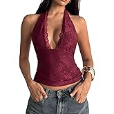 Milumia Women's Floral Lace Deep V Neck Halter Top Sexy Tie Backless Going Out Tank Tops