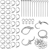 TOAOB 220pcs French Earring Hooks Silver Leverback Ear Wire Kit Stainless Steel Clip Earring Connector with Head Pins and Jump Rings Supplies Jewelry Making Findings