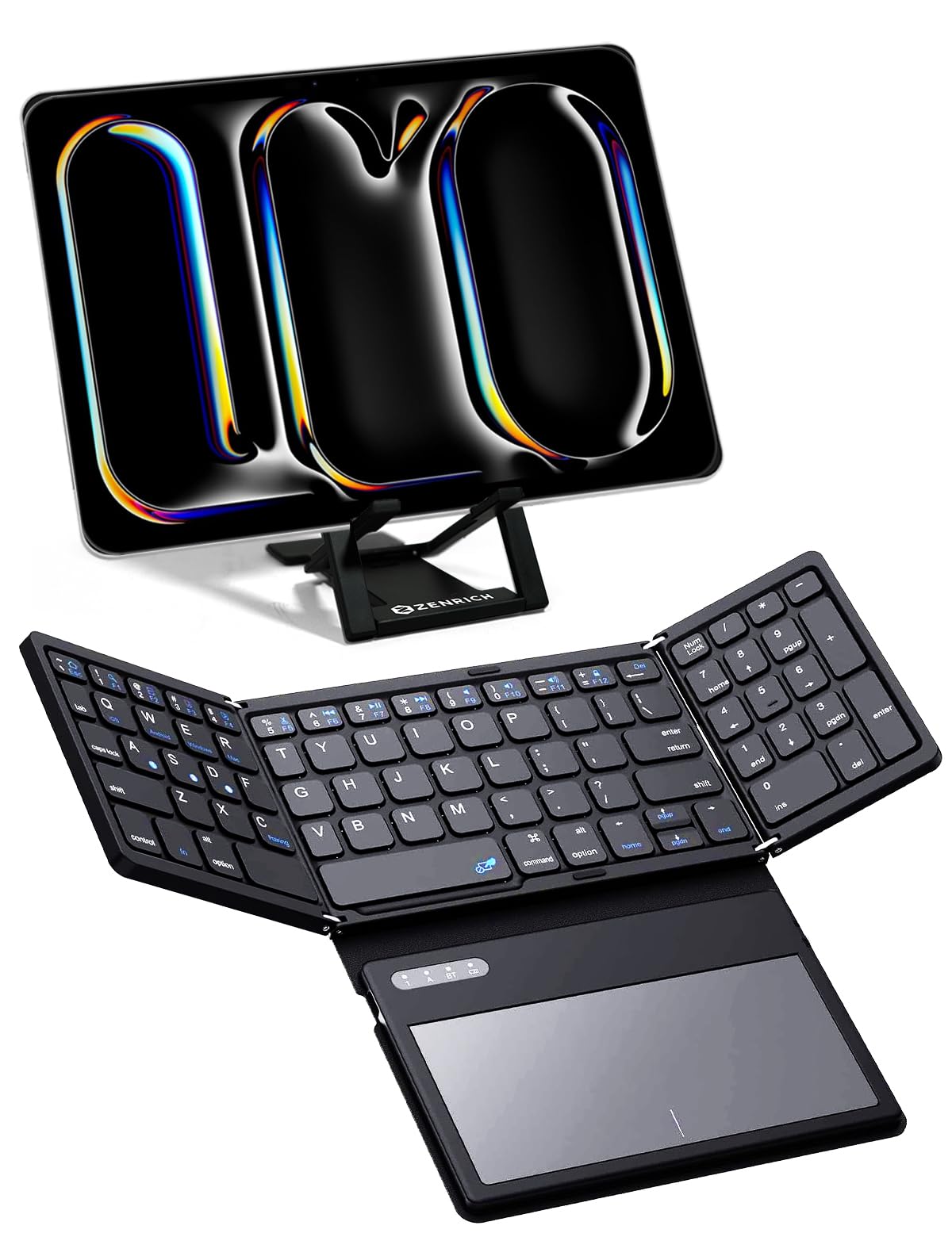 Photo 1 of ZenRich Foldable Bluetooth Keyboard with [Stand Holder][Large Touchpad] [Numeric Keypad], Travel Pocket-Sized Keyboard for iPad Windows iOS Android Mac Laptop Tablet Smartphone, Black