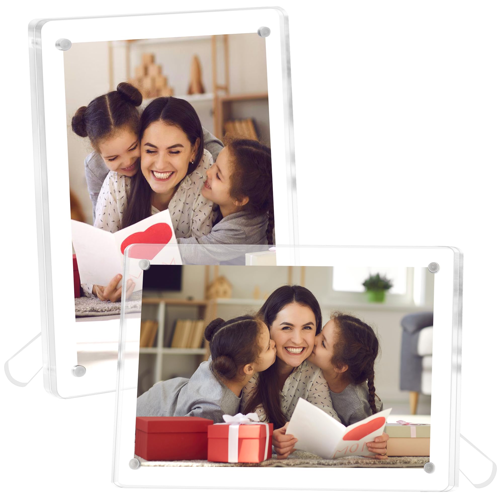 FIXSMITH 2 Pack 4x6 Acrylic Picture Frames, Clear Magnetic Frames with Stand, UV Resistant, Horizontal/Vertical Display, Perfect for Home Office