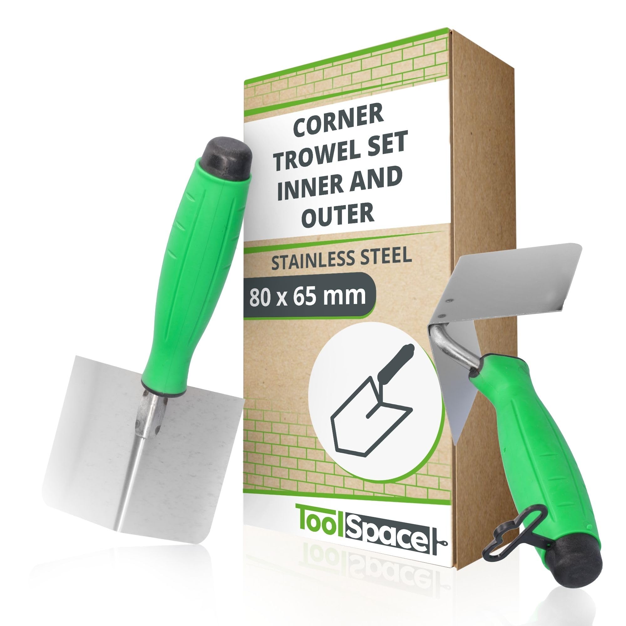 ToolSpace Set of 2 interior and exterior corner trowels 85x60 mm Stainless steel corner spatula Corner trowel with soft handle for plastering work