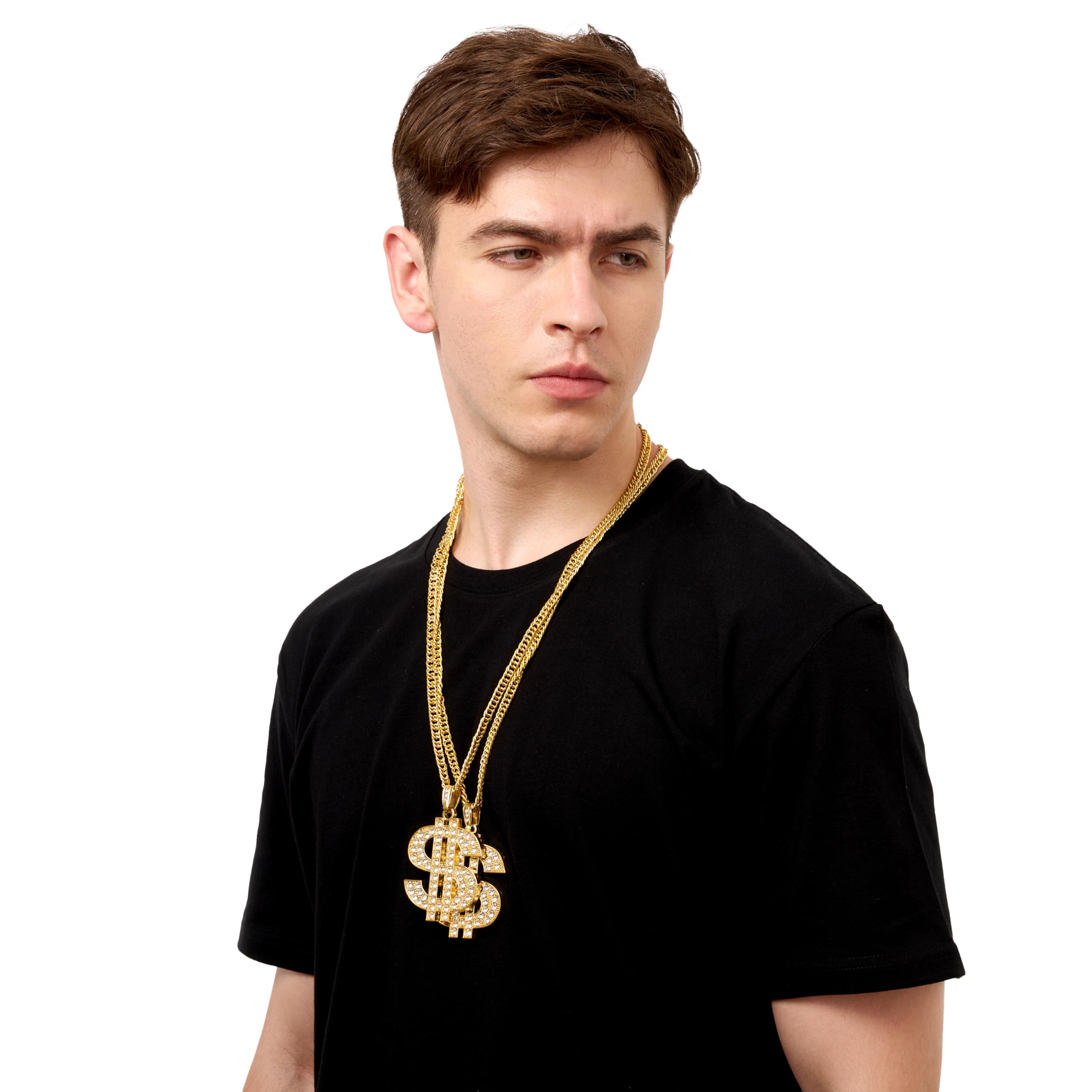 Spooktacular Creations 2 pcs Gold Dollar Chains Necklaces, Money Pendant Chain Hip Hop Dollar Sign Necklace Jewelry Halloween Accessory for Men Women Dress Up Party