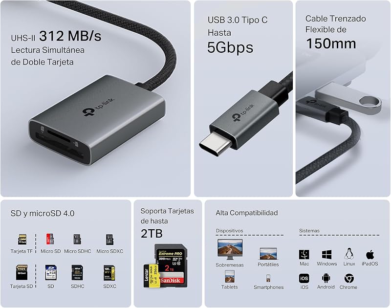 UA440C Leitor de cartão USB Tipo-C para SD, Plug and Play, transferência de dados 3 × mais rápida, suporta cartões de memória até 2TB, compatível com Mac, Windows, iPadOS, iOS, Android