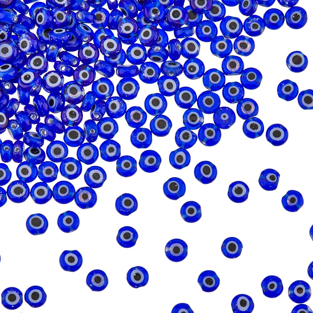 DICOSMETIC About 390Pcs Evil Eye Beads Lampwork Beads 4.5mm Blue Turkish Evil Eye Beads Flat Glass Loose Eye Beads for Jewelry Making, Hole: 1.2mm