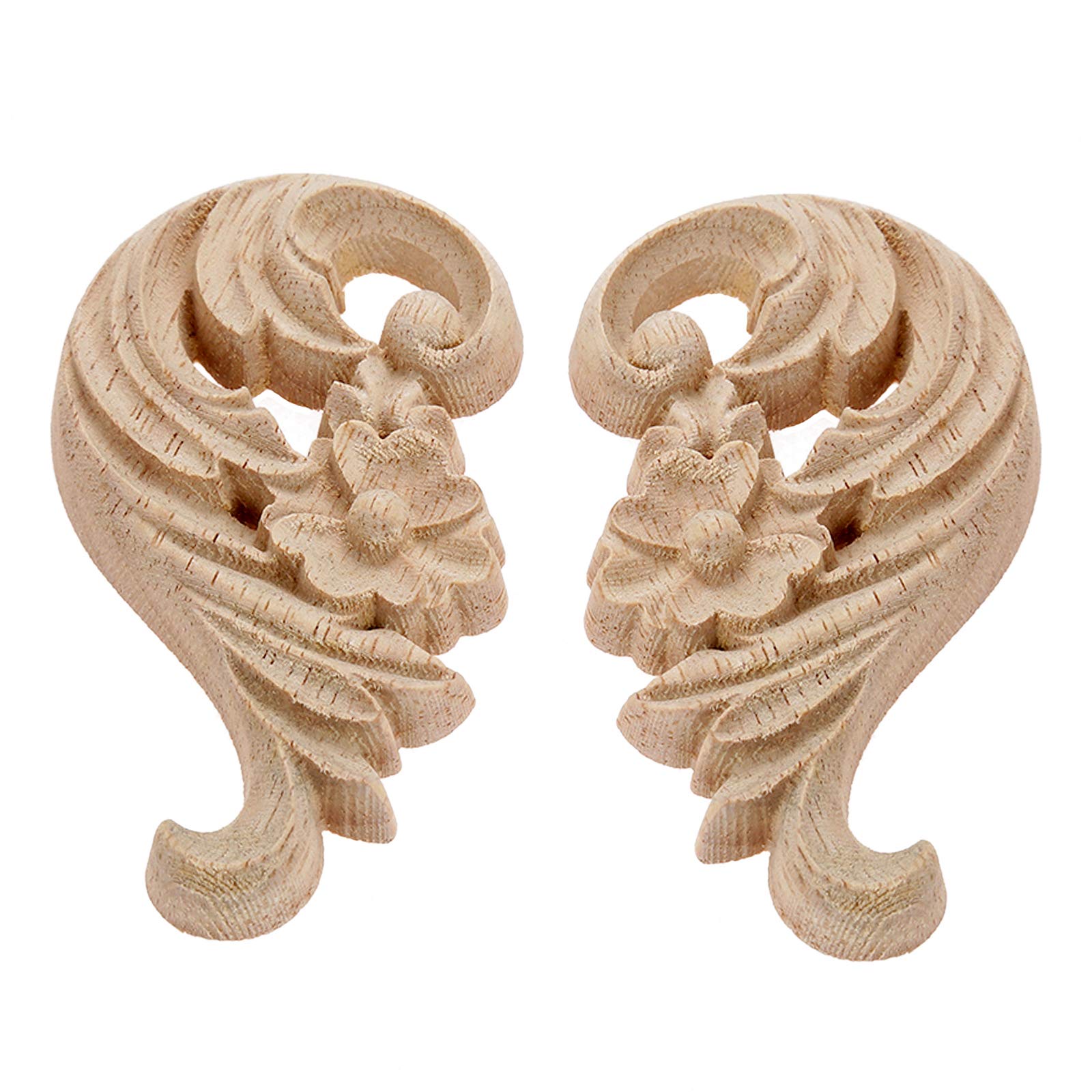 MUXSAM 2Pcs Carved Wood Appliques Onlay Unpainted Decorative Mouldings Wood Carving Decal with Flower for Cabinet Drawer Window Dresser Cupboard Wall Mirro Furniture Decals 8.5x5x1cm/3.35x1.97x0.39