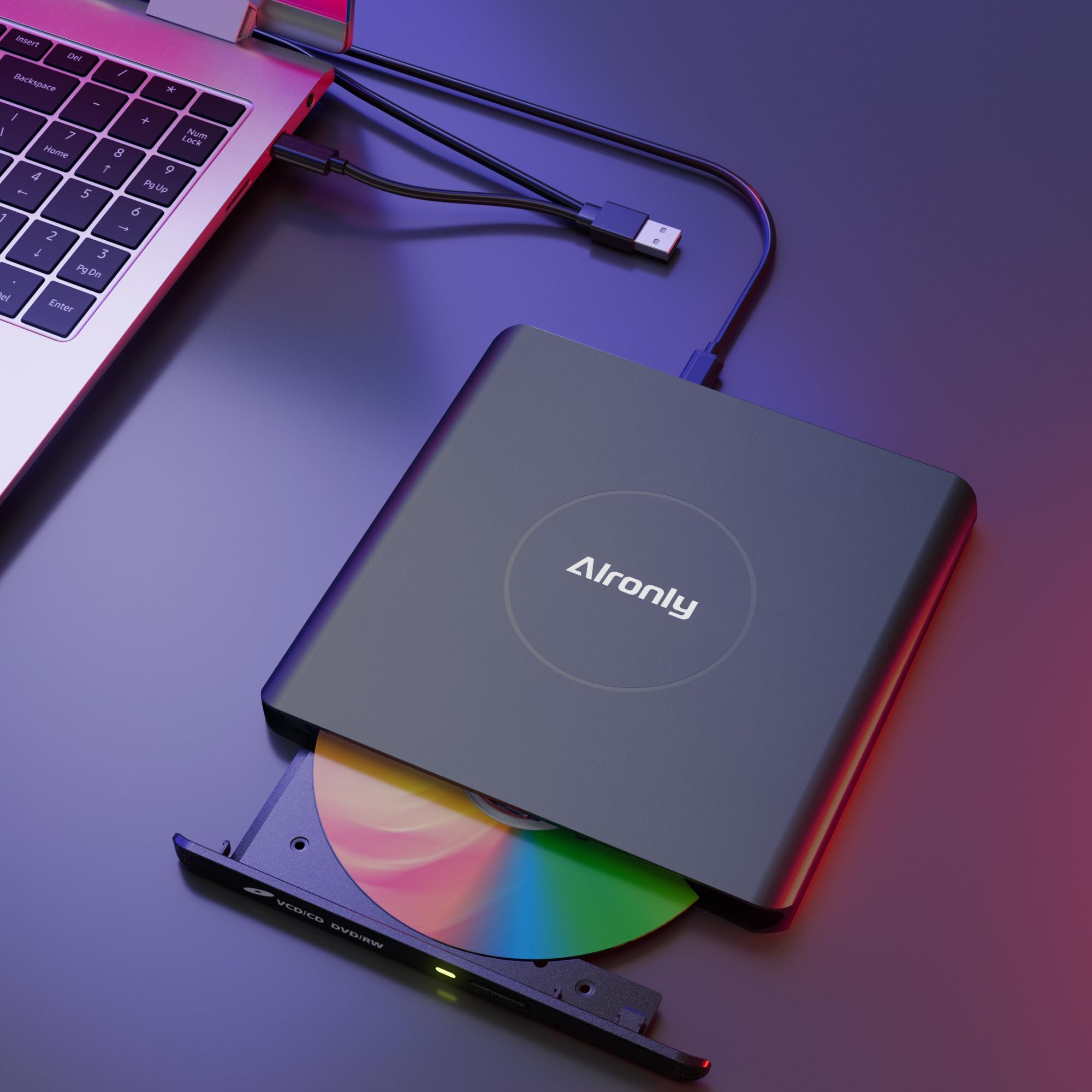 Alronly External CD/DVD Drive for Laptop/PC, USB 3.0 Type-C USB Portable Alloy Player for Computer CD DVD +/-RW Disk Drive CD Burner Writer Reader Compatible with Desktop Windows Apple Linux (F03)
