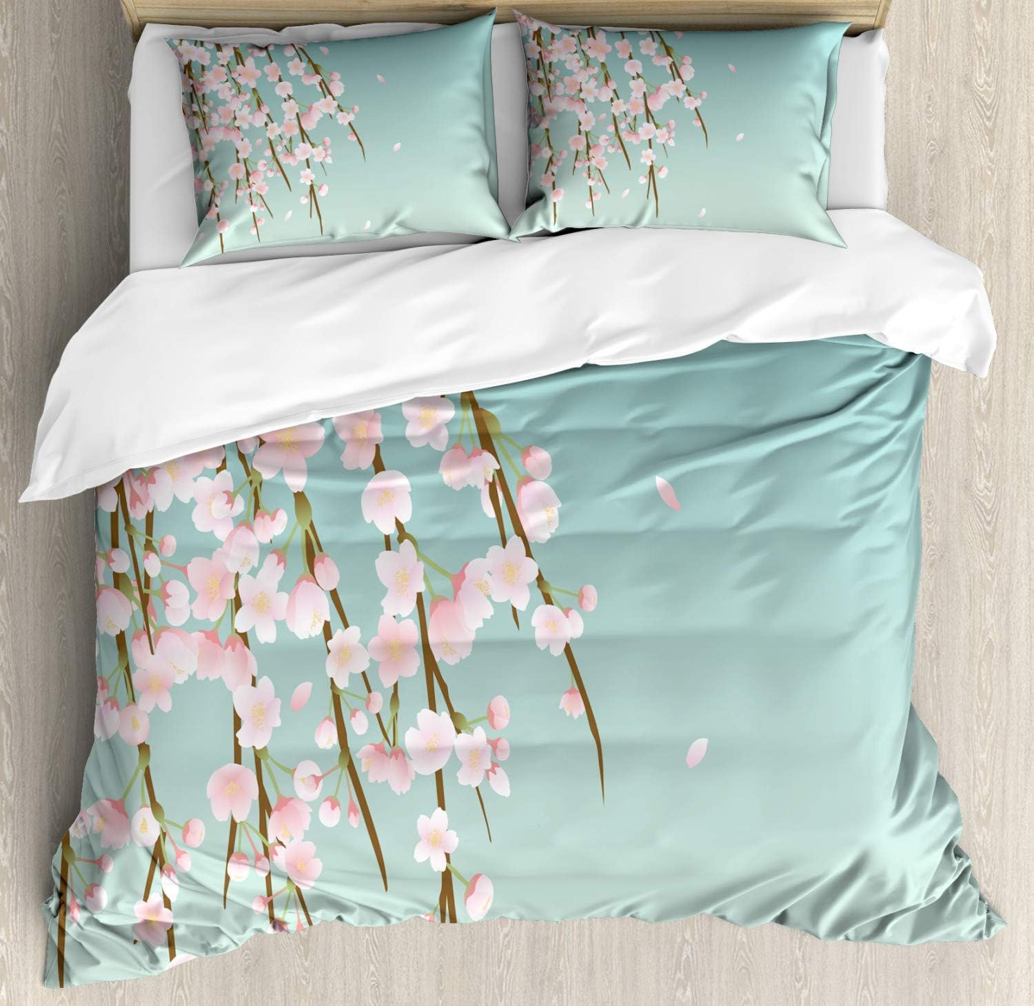 QINCO Weeping Flower Duvet Cover Set Twin Size, Freshly Blooming Cherry Blossom Branches with Flower Buds, Decorative 4 Piece Bedding Set with 2 Pillow Shams, Mint Pale Pink and Taupe