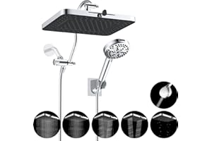 Hibbent Upgraded 5-spray 13'' Shower Head, High Pressure Rainfall Shower Head, Dual Showerhead Combo with 10-mode Handheld Spray, 12'' Adjustable Extension Arm, 71'' Hose, Showerhead Holder, Chrome