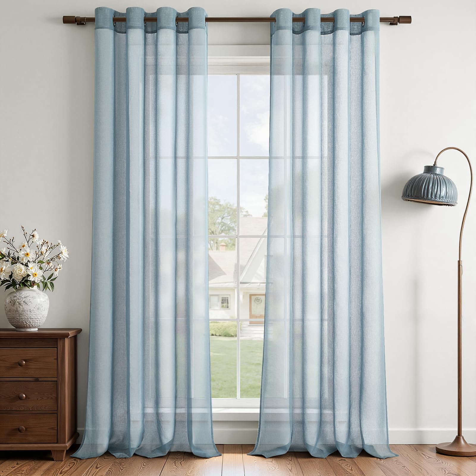 MRTREES Voile Curtains 96 Inch Drop 2 Panels Faux Linen Eyelet Sheer Curtain Panel for Bedroom Living Room Patio Door 55x96 Inch Drop 140cm x 245cm Navy