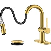 KENES Brushed Gold Single Handle Bathroom Faucet with Pull Out Sprayer, Pull Down Bathroom Sink Faucet with Sprayer, Vanity Bar Faucet with Pop Up Drain & Deck Plate, KE-9065B-4