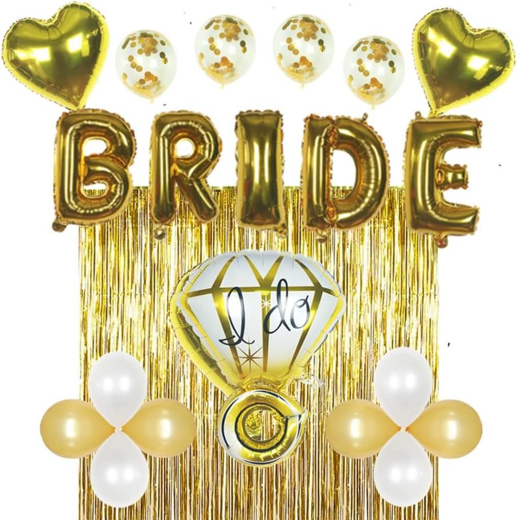 Bridal Shower Bachelorette Party Decorations Kit Gold – Set Includes 1 Fringe Curtain, 1 Set of Foil Bride Balloons, 1 Ring Balloon, 2 Heart Balloons, 4 Confetti Balloons, 4 Gold, 4 White Balloons