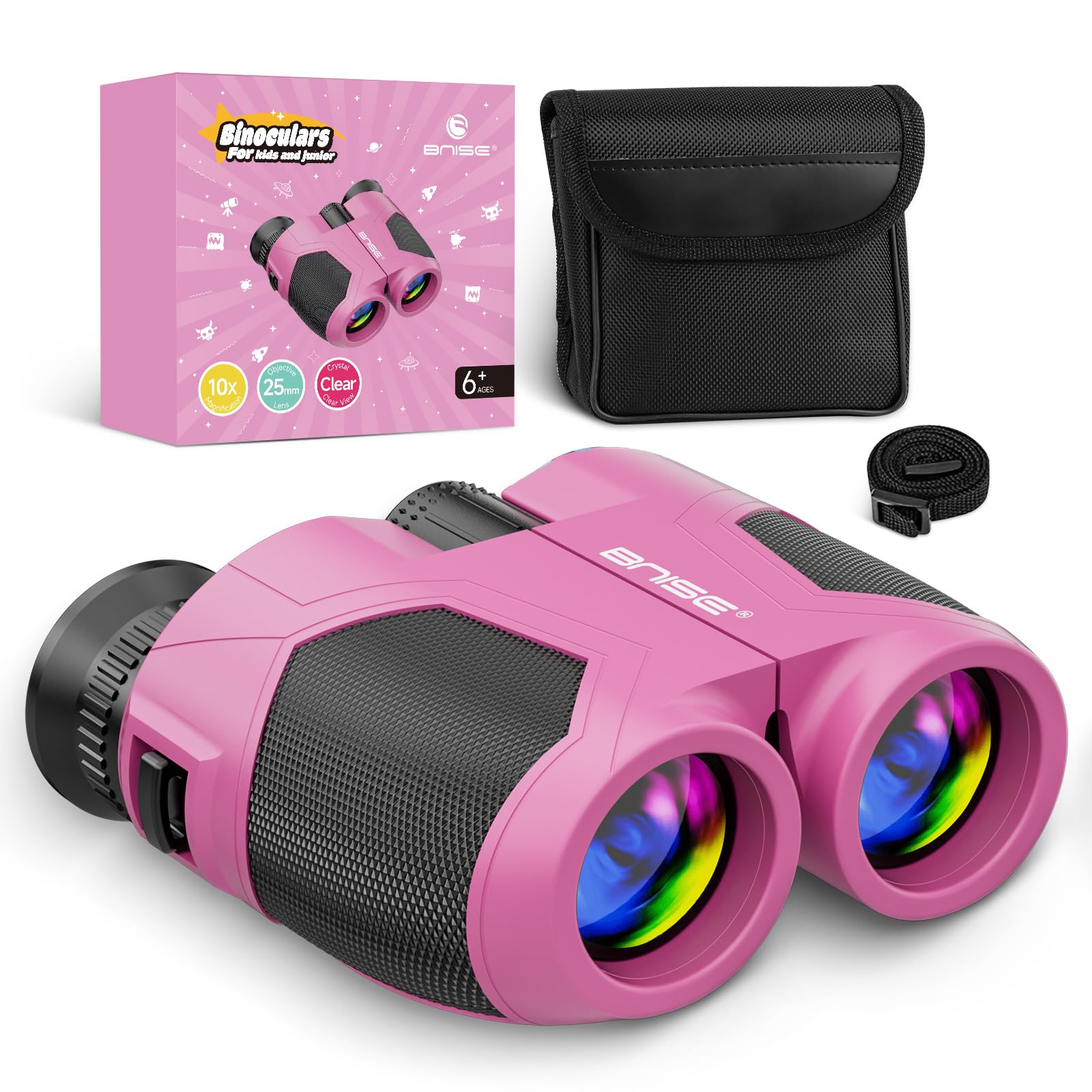BNISE Compact Binoculars for Adults & Kids, 10x25, Real Optics for Outdoor, Travel & Camping, Pink