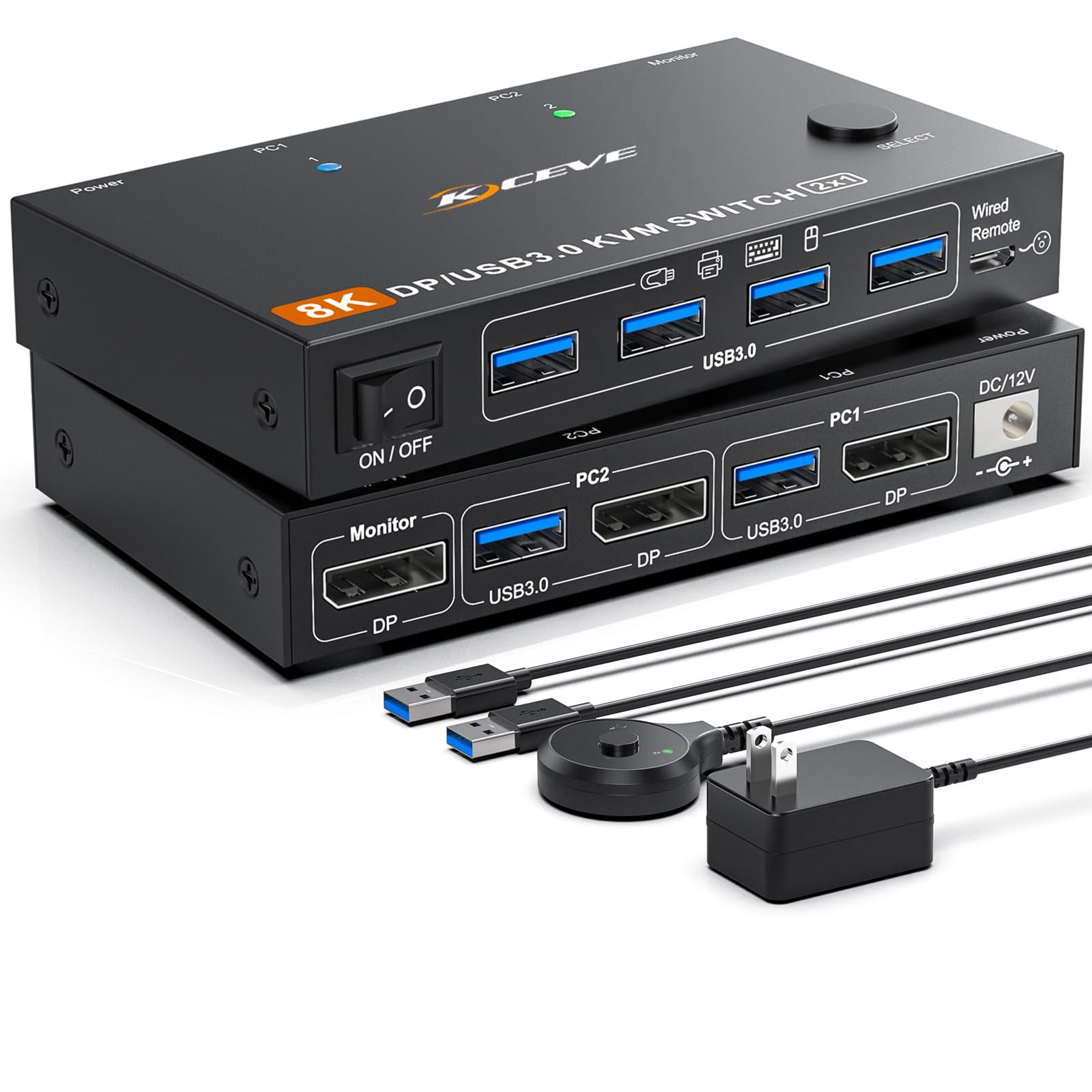 Photo 1 of KCEVE KVM Switch 2 Computer 1 Monitor Displayport 4K@240Hz 8K@60Hz, USB 3.0 KVM Switch Displayport 2.1 for 2 PC Share 4 USB3.0 Devices Keyboard Mouse, with USB 3.0 Cable,Wired Remote and Power Supply