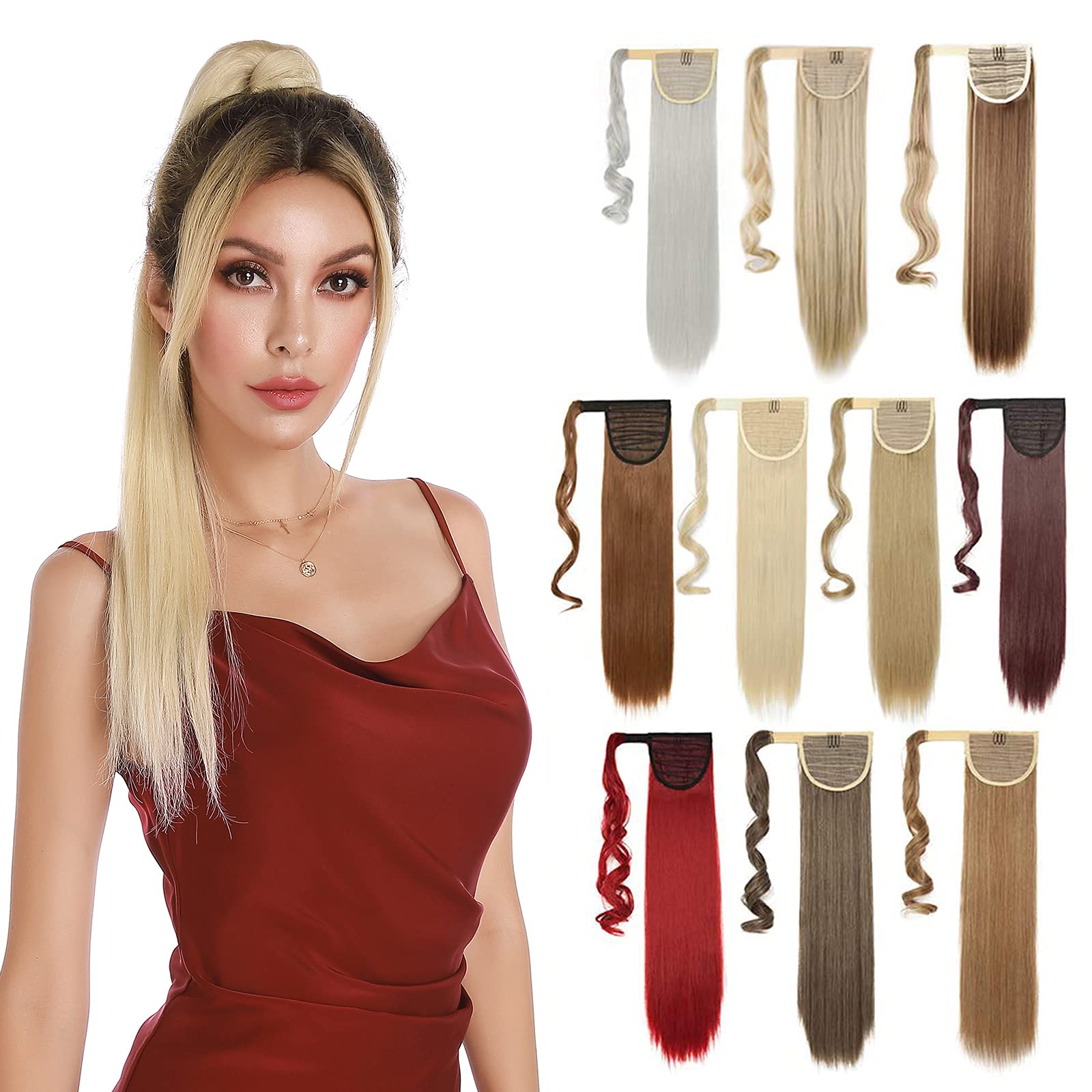 Blond&Bleach Blond Ponytail 26inch Hair Extension Wrap Around Ponytails Clip in on Pony Tail Synthetic Straight Hairpiece