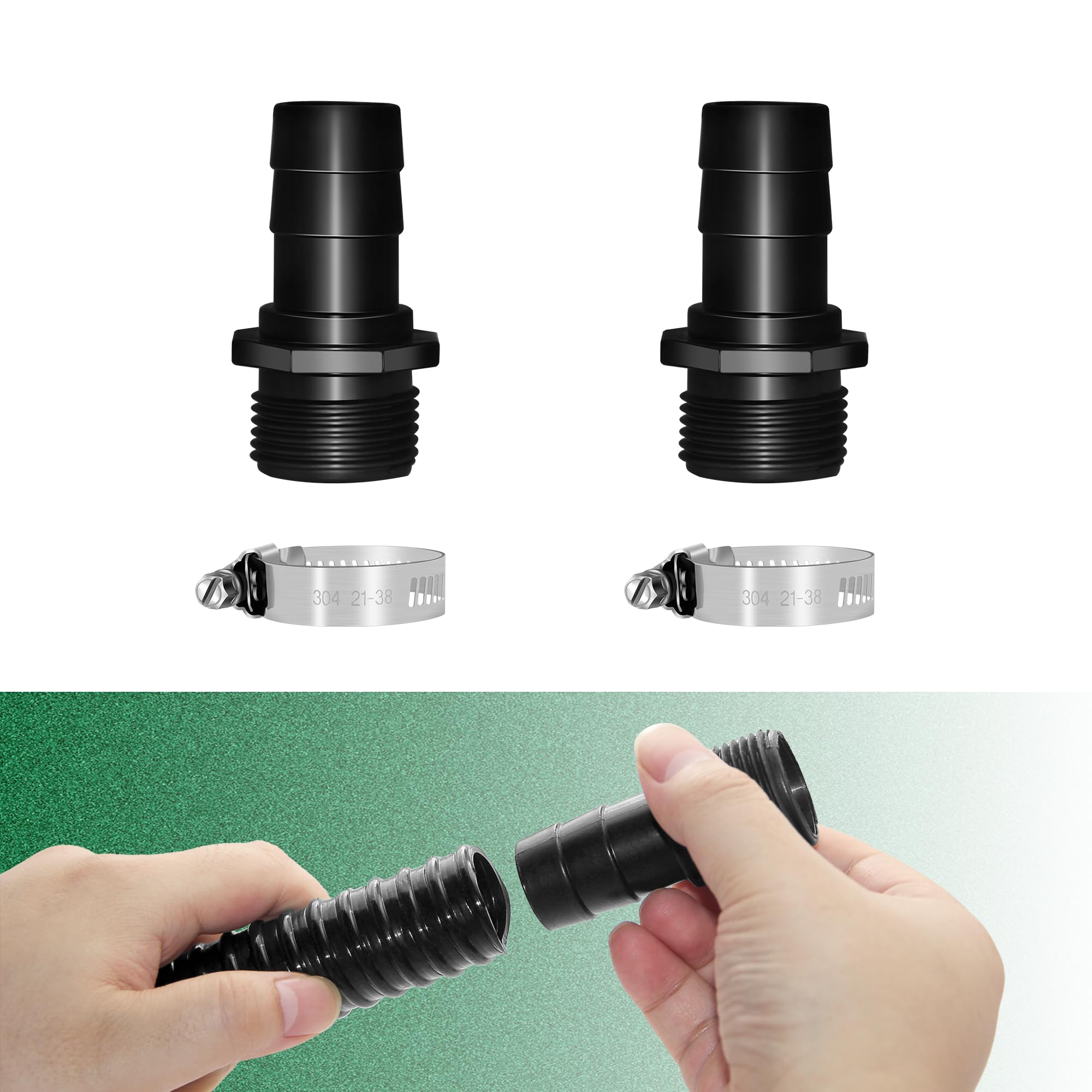 LONGRUNNEW PVC Tube Adapter Hose Barbed Fitting, Male 1.2" NPT x 1" Barb Connector with 2 Hose Clamps for Pond Fountain Waterfall-4 Pieces Set
