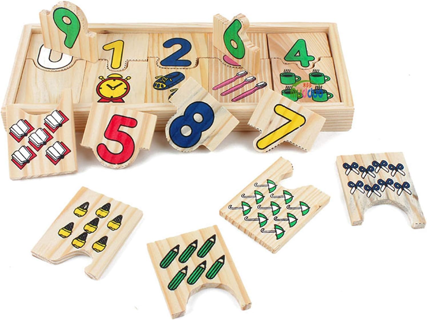 FANSUSENKE Wooden Self-Correcting Number Puzzles Set Developmental Toys Wood Storage Box Bundle 20 Pieces Great Gift for Girls and Boys Best for 4,5 and 6 Year Olds Learning Educational Fun