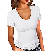 PALINDA Women's Short Sleeves Ribbed Fitted Shirt Basic V Neck Slim T Shirt Tops